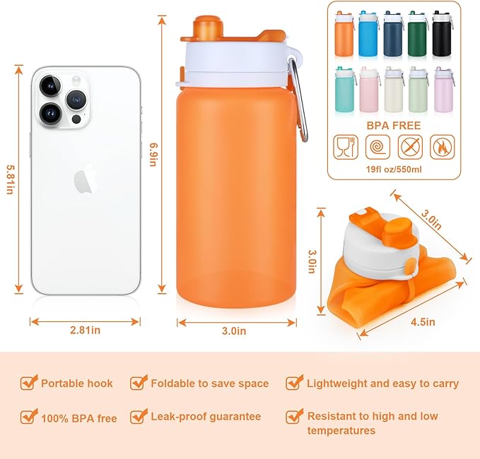 Collapsible Water Bottle, Foldable Water Bottle BPA Free Reusable Lightweight Leak-Proof Travel Silicone Water Bottle for Travel, Gym, Hiking, Office, Camping