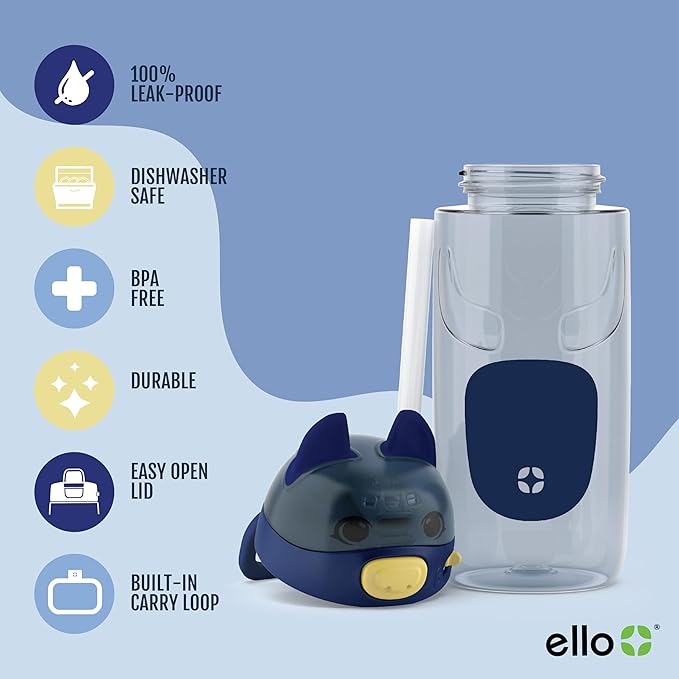 Ello Ellies 16oz Plastic Kids Water Bottle with Straw and Built-in Carrying Handle and Leak-Proof Locking Lid for School backpack, Lunchbox and Outdoor Sports