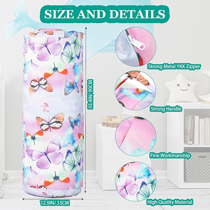 Stuffed Animal Bean Bag Storage Chair for Kids Cover Only (No Filler), Organize, Sit, Play & Boxing, 100% Cotton Canvas Washable, Ultra Soft Cylinder Long Vertical Zipper Best Gift for Child