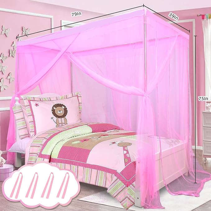South to East Princess Canopy Bed Curtains for Girls Kids Bed Canopy for Girls 4 Post Bed Curtains Princess Bed Canopy for Girls Room Decor Twin Size Pink, 79" * 39" * 75"