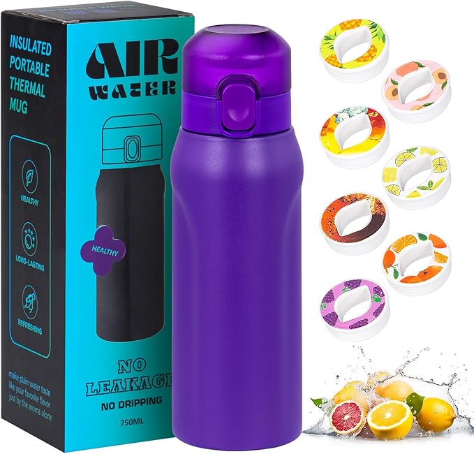 Air water bottle,750ML Air Water Bottle with 7 Flavor Pods, Stainless Steel Water Bottle with Straw, Sports Water Bottle Suitable for Outdoor Sport (Purple)