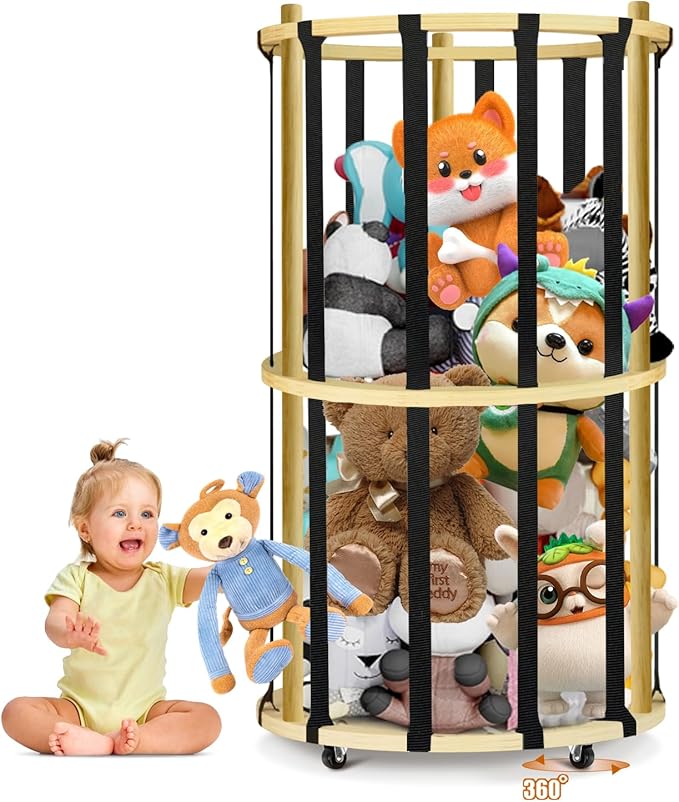 Stuffed Animal Storage, Wood Stuffed Animals Zoo Storage Cage Organizer with Wider Elastic Band and 360° Wheels,Vertical Animals Toy Organizer for Nursery Playroom and Bedroom