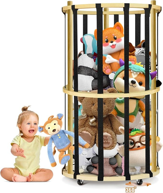 Stuffed Animal Storage, Wood Stuffed Animals Zoo Storage Cage Organizer with Wider Elastic Band and 360° Wheels,Vertical Animals Toy Organizer for Nursery Playroom and Bedroom