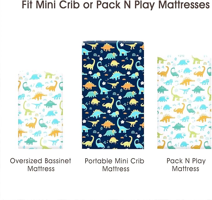 PHF Soft Mini Crib Sheet Set, 2 Pack Silky Comfy Pack N Play Sheets for Boys Girls, Universal Fit for Pack N Play, Playard and Mini Crib Mattresses, Dinosaur