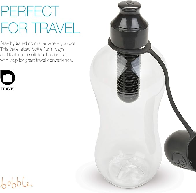 Bobble Classic Water Bottle, Filtered Water, BPA-Free Reusable Bottle, Soft Touch Carry Cap with Replaceable Carbon Filter for Sustainable Water and Hydration 34 oz (Black)