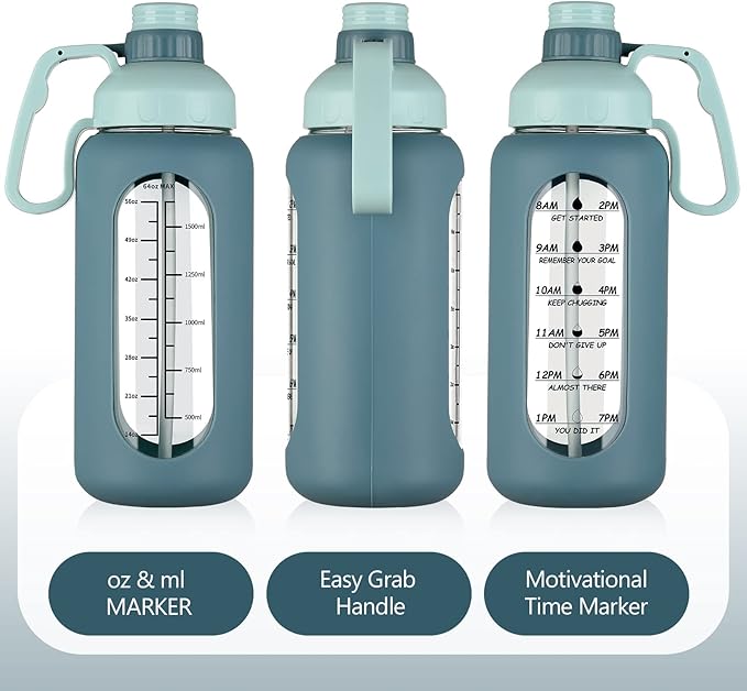 MUKOKO 64oz Glass Water Bottles with Straw, Half Gallon Water Bottle with Time Marker, Motivational Water Bottle with Silicone Sleeves,Large Glass Water Bottle for Gym,Working,Outdoor,Blue