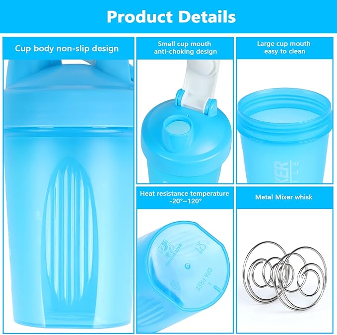Shaker Bottle, 400ml Small Protein Shaker Cup with Mixing Ball for Smooth blending, Leak-Proof GYM Workout Water Bottles for protein& Smoothie Shake，Bpa Free (13oz / Blue)