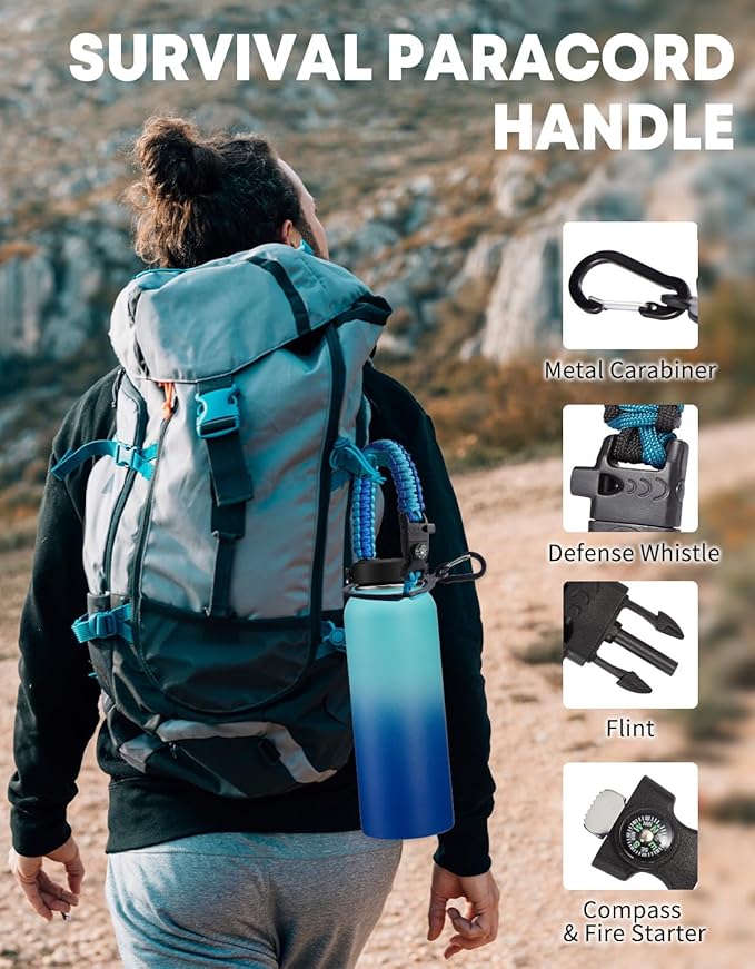 Insulated Water Bottle with Straw 40oz - Stainless Steel Water Bottles, Flex Lids, Paracord Handle, Storage Carrier Bag, Protective Boot, Water Flask Metal Vacuum Water Mug Cup, Keep Cold 48H Hot 24H