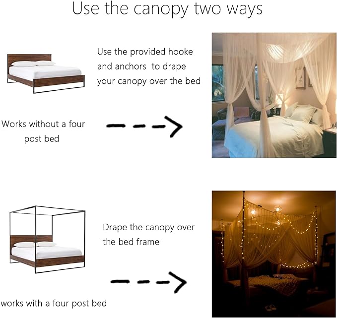 Comtelek Mosquito NET for Bed Canopy, Four Corner Post Curtains Bed Canopy Elegant Mosquito Net Set, Stick Hook &Profession Rope for net, Screen Netting Canopy Curtains, Full/Queen/King/Black
