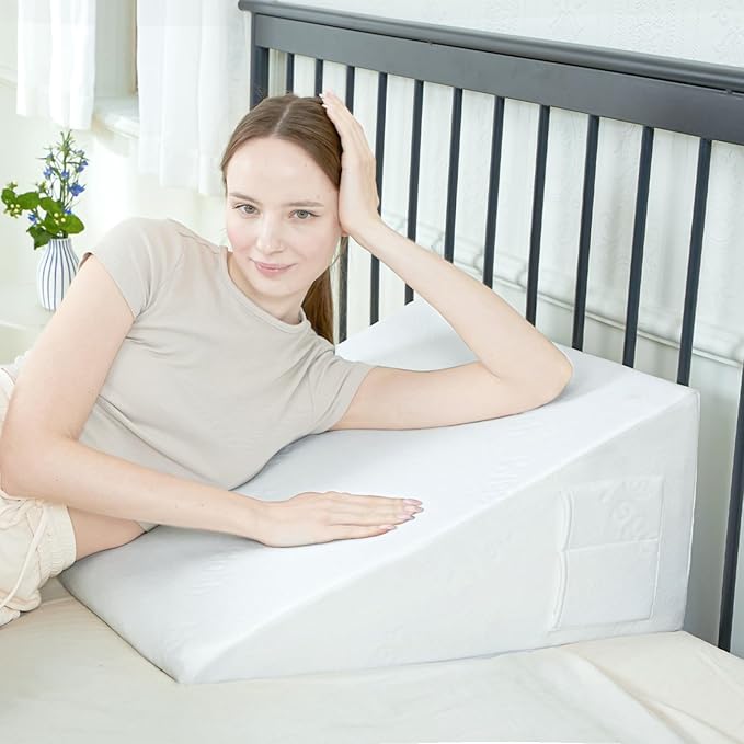 Bed Wedge Pillow, 8" 24" 24" Triangle Pillow Wedge, Cooling Memory Foam Top, Elevated Support Wedge Pillow for Relieving Acid Reflux, Heartburn, Snoring and GERD