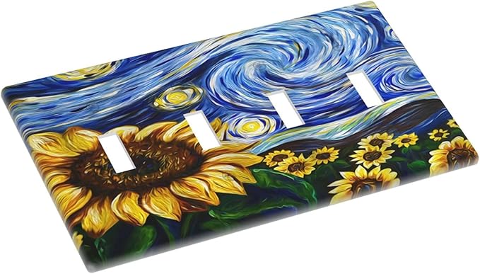 Vintage Abstract Blue Starry Sunflower Quad Toggle Light Switch Covers 4 Gang Wall Plate Decorative Switchplate Electrical Faceplate for Farmhouse Country Bedroom Decor