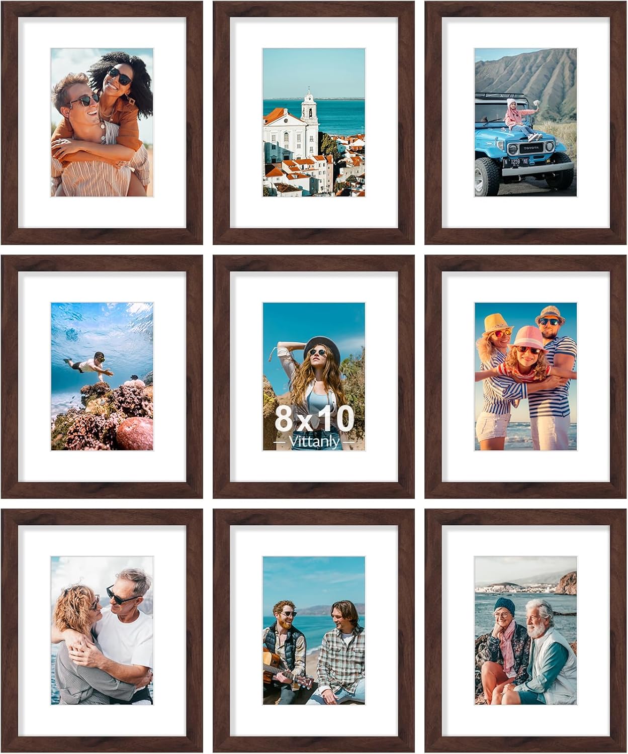 Vittanly 8x10 Picture Frames Set of 9, Shatter Resistant Plexiglass, Display 5x7 Pictures with Mat or 8x10 without Mat, Photo Frames for Wall or Tabletop, Engineered Wood, Walnut
