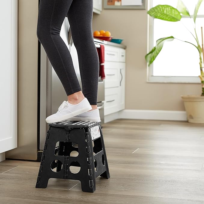 Casafield 13" Folding Step Stool with Handle, Black - Portable Collapsible Small Plastic Foot Stool for Adults - Use in The Kitchen, Bathroom and Bedroom