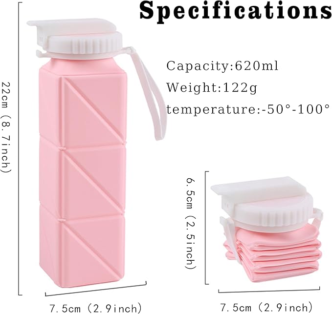 EOBTAIN Pink Collapsible Water Bottle with Straw 20oz BPA Free Portable Foldable Travel Water Bottle Cups,Lightweight Silicone Durable Sports Water Bottles for Hiking,Camping,Gym