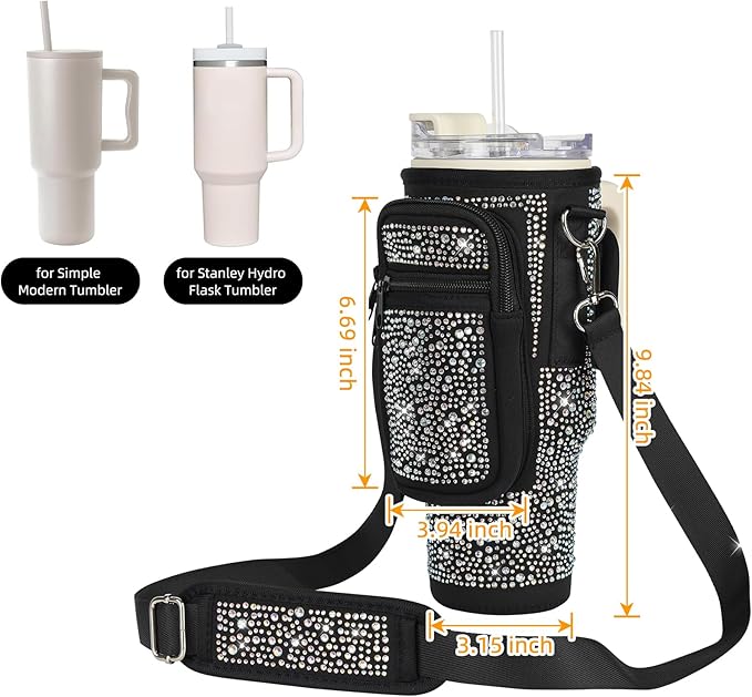Bling Water Bottle Carrier Bag with Phone Pocket,Water Bottle Holder Bag for Stanley Cup Accessories,Cup Holder with Adjustable Shoulder Strap with Stanley 40 & 30 oz Tumbler,Black
