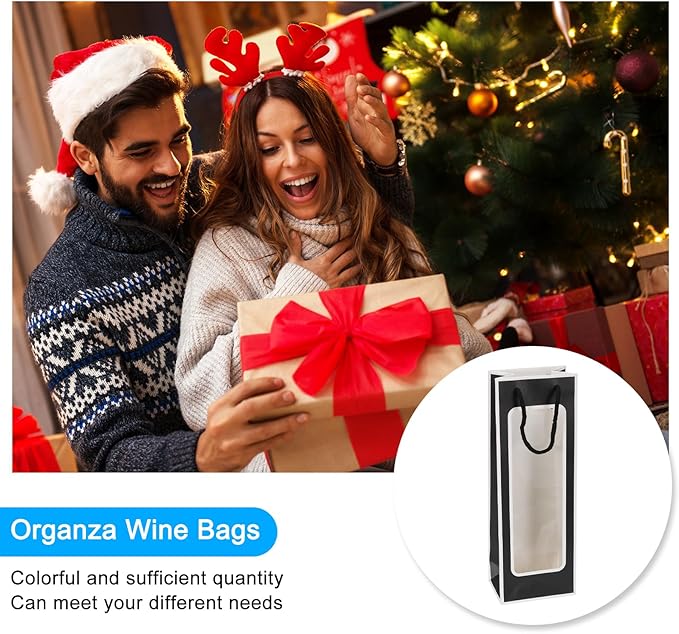 uxcell Wine Bags, 20pcs 4.92"x3.35"x14.2" Wine Gift Bags with Rope Handles, Paper Wine Tote Bag with Clear Window for Wedding Birthday Christmas Party Supplies, Black White
