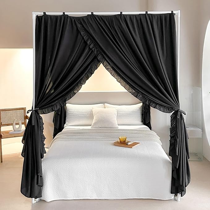 AIKASY Princess Canopy Bed Curtains with Top Ties - Windproof & Lightproof for Girls' Adult Bedroom Decor | Bed Canopy Drapes (King,Black)