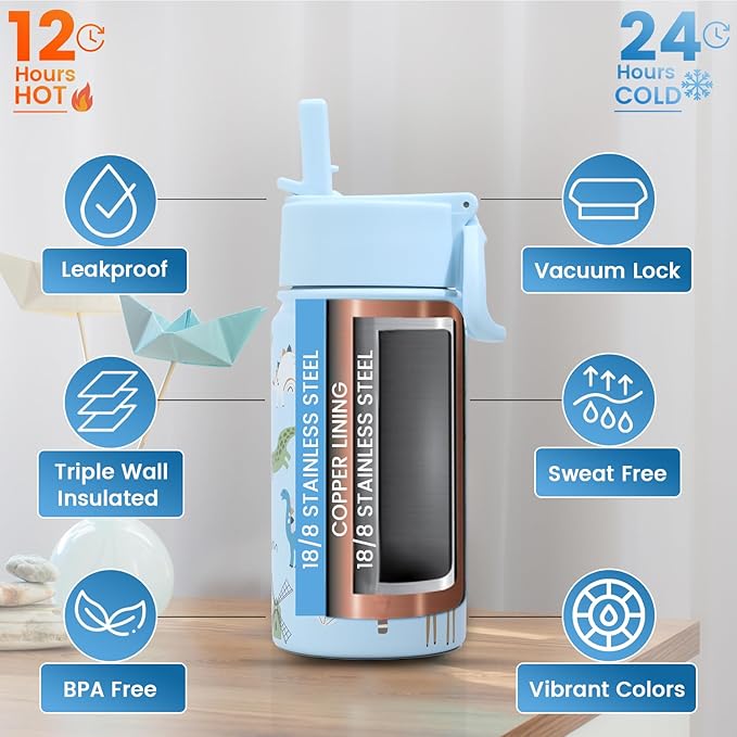 Water Bottle 14 Oz, Triple Walled Insulated Stainless Steel Odor & Strain Resistant Reusable Bottle, 1 straw Lid, Leakproof, Metal Mug Gallon, BPA Free, Blue Zoo