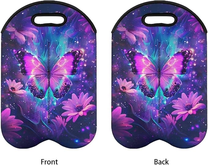doginthehole Wine Bottle Travel Bag 2 Bottle Purple Butterfly Daisy Print Wine Carrying Tote for Women Wine Lover Champagne Carrier Bag Portable Neoprene Wine Tote for Travel, Picnic, Party