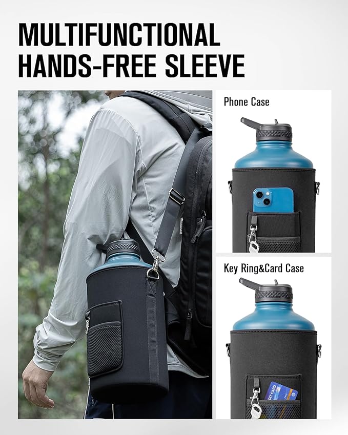 Coolplus Gallon Water bottle insulated with straw, Water Jug 128 oz Stainless Steel Double-Walled Vacuum Metal Large Flask With Carry Sleeve Bpa-Free Leakproof, Keep Cold 48 Hrs, Blue Black