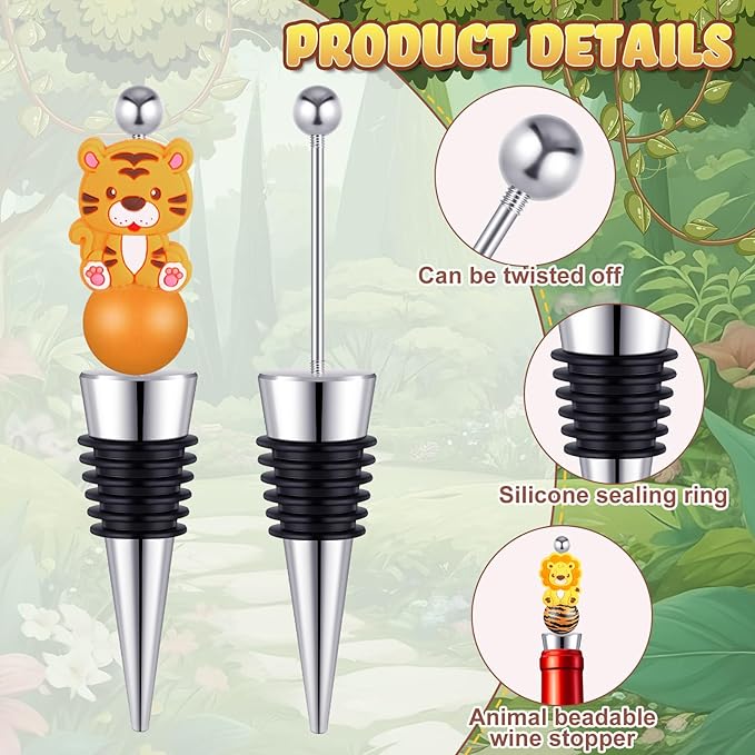 Gisafai 24 Sets Beadable Wine Stoppers for Wine Bottles Bulk Reusable Wine Saver Corks Jungle Animals Silicone Beads with Bags Labels Ropes for Baby Shower Gifts DIY Safari Wedding Party Bar Summer