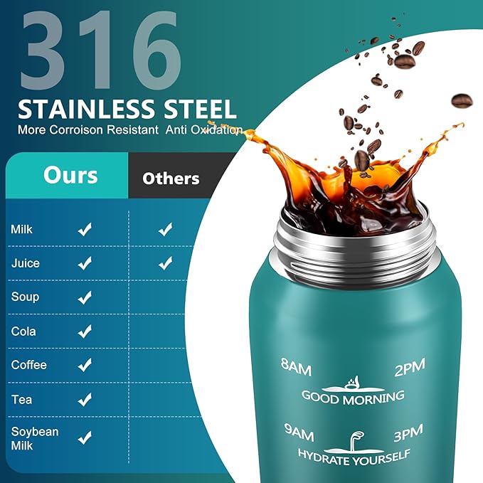 Sports Water Bottle 18/10 Stainless Steel 32oz with 2Lids, 1000ml Insulated Water Bottle Double Walled with Handle, Metal Canteen Keep Cold 48H Hot 24H for Men, Women & Kids