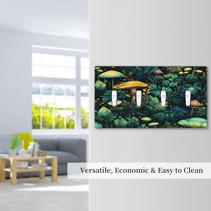 Green Dark Forest Mystical Mushroom Quad Toggle Light Switch Covers 4 Gang Wall Plate Decorative Switchplate Electrical Faceplate for Country Bathroom Bedroom Kitchen Decor