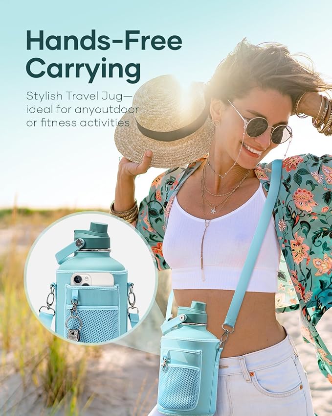 64 oz Insulated Water Bottle BUZIO Half Gallon Stainless Steel Water Jug with Carrying Pouch and Straw Lid, Keep Cold 48h Lead-Free Double Wall Vacuum Sports Flask Metal Canteen for Gym Camping, Green