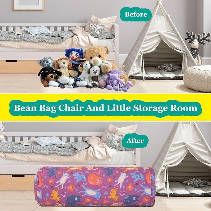 Stuffed Animal Bean Bag Storage Chair for Kids Cover Only (No Filler), Organize, Sit, Play & Boxing, 100% Cotton Canvas Washable, Ultra Soft Cylinder Long Vertical Zipper Best Gift for Child