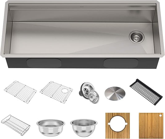 KRAUS KWU120-45 Kore 2-Tier Workstation 45-inch Undermount 16 Gauge Single Bowl Stainless Steel Kitchen Sink with Integrated 2-Step Ledge and Accessories (Pack of 10)