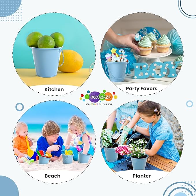 Small Metal Buckets with Handle 6 Pcs – Galvanized Bucket Leak Proof & Rust Resistant 20 fl oz Capacity - Best for Party Décor, Organizing & Decorating Classrooms (Blue, Small 4.3" Top)