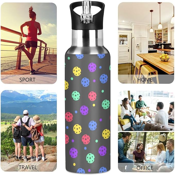 Colorful Pickleball Sports Water Bottle, Double Wall Vacuum Insulated Stainless Steel Water Bottle with Straw Keeps Hot and Cold, Bike Running Sports Travel Gym 20oz