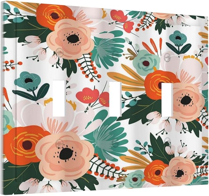 Rustic Floral Boho Colorful Flower 3 Gang Light Switch Covers Triple Toggle Wall Plate Decorative Switchplate Electrical Faceplate for Farmhouse Bathroom Bedroom Kitchen Decor