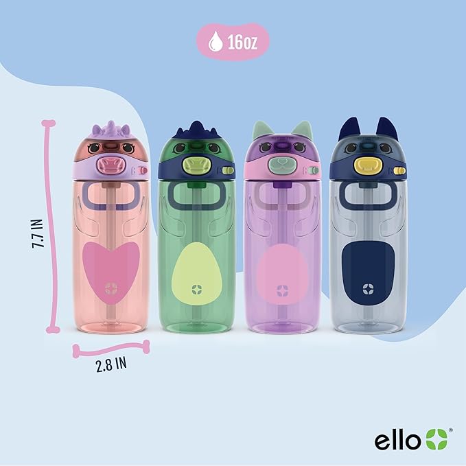 Ello Ellies 16oz Plastic Kids Water Bottle with Straw and Built-in Carrying Handle and Leak-Proof Locking Lid for School backpack, Lunchbox and Outdoor Sports