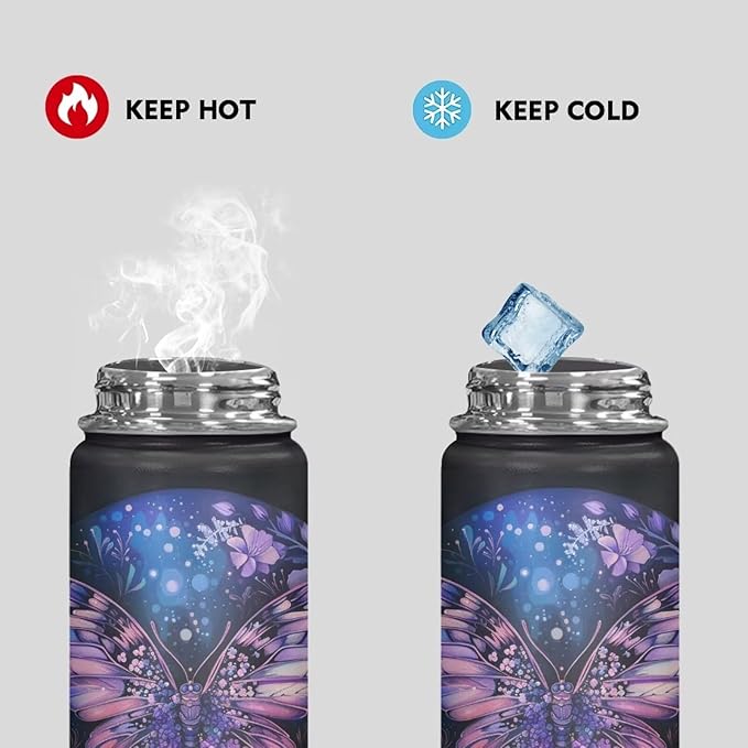 Butterfly Water Bottles Stainless Steel Wide Mouth Vacuum Insulated Thermos Leakproof Canteen Keep Cold,20 Oz