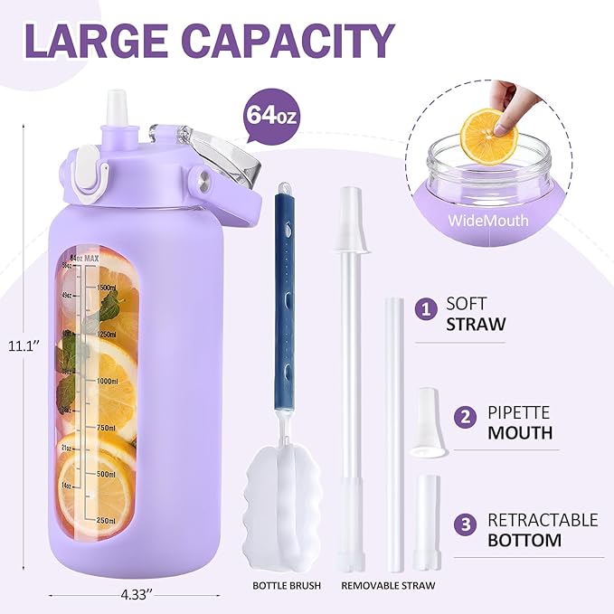 kytffu 64oz Glass Water Bottles with Straw, Half Gallon Motivational Glass Bottle with Silicone Sleeve and Time Marker, 2L Leakproof Large Glass Water Jug for Gym Home Office, Purple
