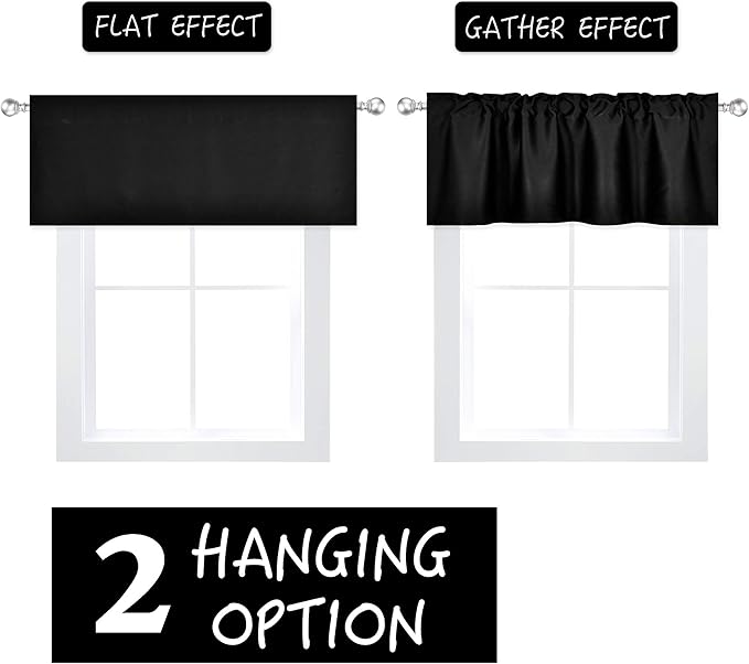 Black Valance for Windows 52x18 Inch Solid Thermal Insulated Blackout Rod Pocket Kitchen Short Curtain Toppers Valance for Bathroom Living Room 1 Panel