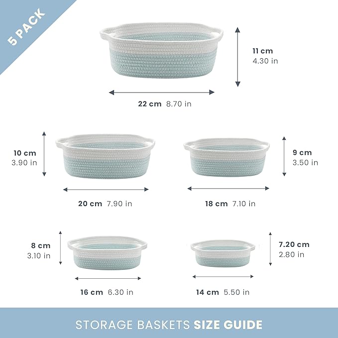 OrganiHaus Set of 5 Rectangle Bathroom Storage Baskets for Organizing, Small Woven Baskets for Storage Basket for Bathroom, Nursery Storage Basket for Baby Nursery Organization, Cute Bins, Blue/White