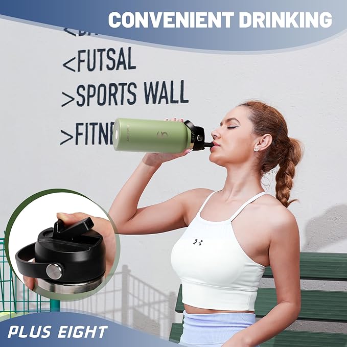 Sports Water Bottle, 32 oz Insulated Water Bottle With Straw, Stainless Steel Water Bottle Wide Mouth for Sports, Gym or Office, BPA-Free Keep Cold 24H Hot 12H (Agave)