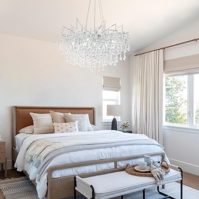 Crystal Chandeliers,Round Modern Tree Branch Chandelier,10-Light Farmhouse Raindrop Chandelier Light Fixture for Dining Room, Kitchen Island D31.5