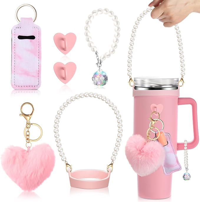 Water Bottle Accessories Set with Silicone Water Bottle Handle with Strap Hanging Charms Compatible with Stanley Cup(Pink)