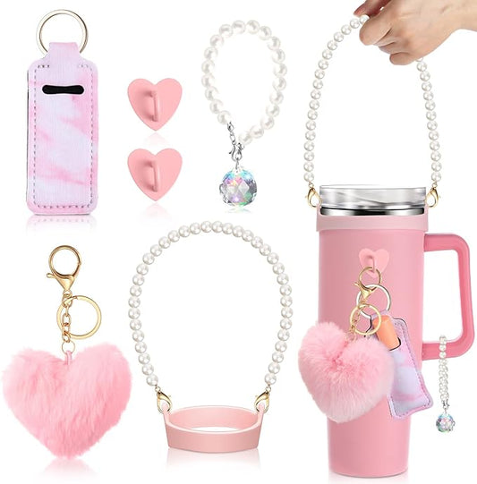 Water Bottle Accessories Set with Silicone Water Bottle Handle with Strap Hanging Charms Compatible with Stanley Cup(Pink)