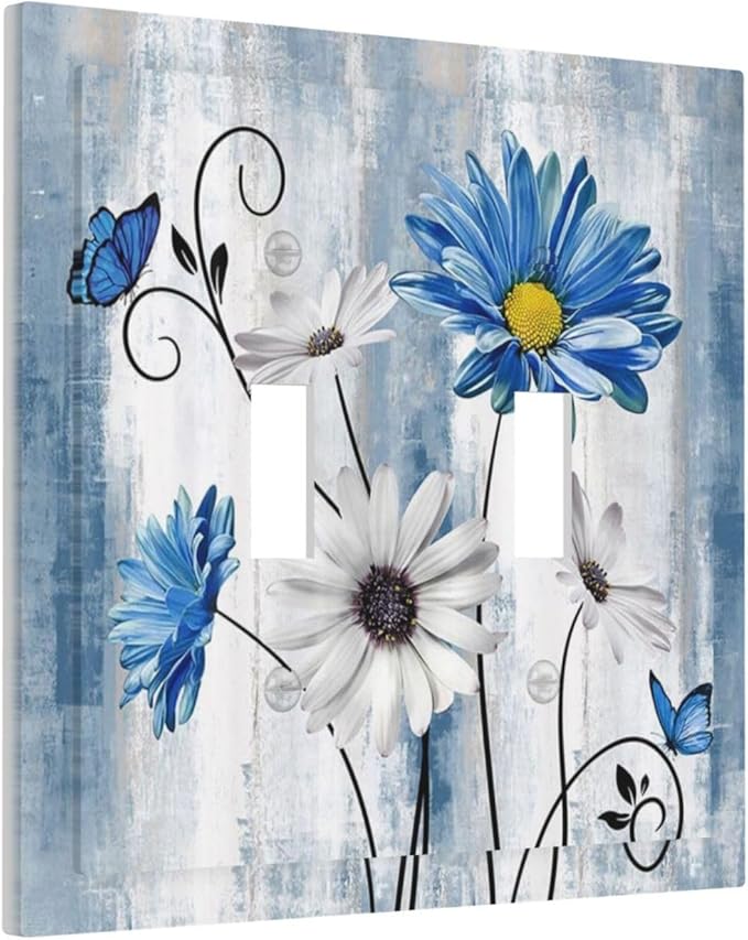 Rustic Teal Blue Daisy Floral Double Toggle Light Switch Covers 2 Gang Wall Plate Dual Decorative Switchplate Electrical Faceplate for Country Bathroom Bedroom Kitchen Decor