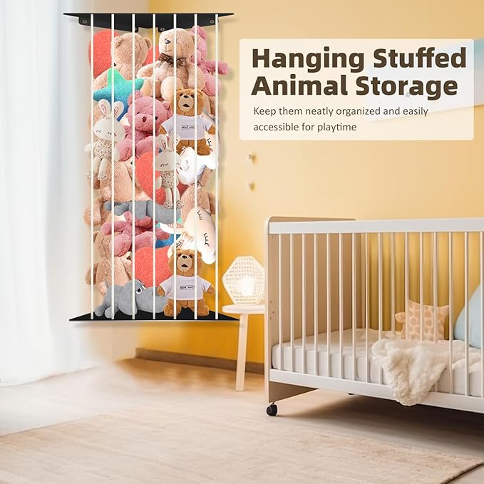 Toy Storage Organizer Corner Stuffed Animal Plush Toy Storage Kids Room Holder with Length Adjustable Large Toys Wall Hanging Shelf for Nursery Playroom Bedroom Sturdy Metal Black