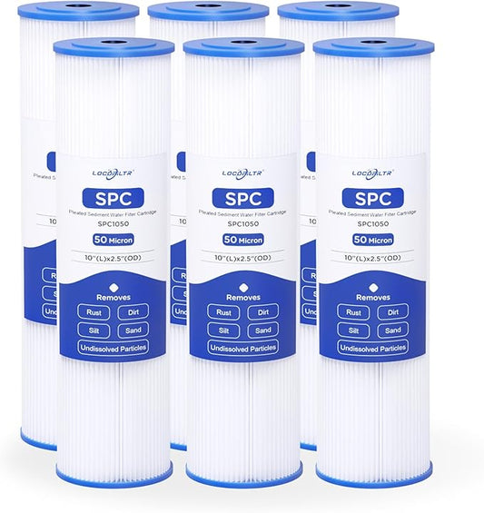 Whole House Water Filter Cartridge Replacement for Well Water, 50 Micron Water Filter 10" x 2.5" Pleated Sediment Water Filter Compatible with R50, WFPFC3002, W50PE, WB-50W, WHKF-WHPL - 6 Pack