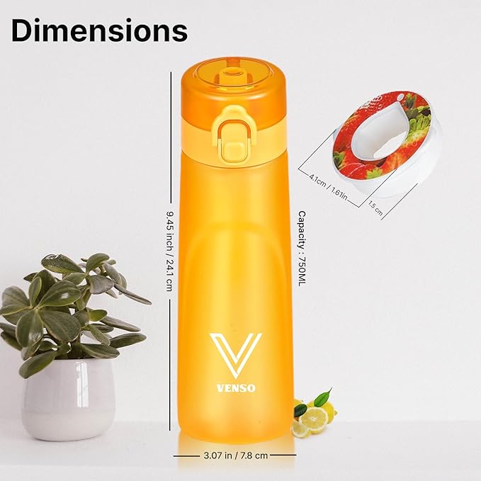 Water Bottle 650 ml scent water bottle with 5 flavor pods,Leak proof and BPA-free sports air water bottle with straw,suitable for outdoor sports 0 sugar 0 calorie Ideal gift orange