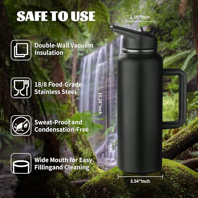 40oz Insulated Water Bottle with Handle, Stainless Steel Sports Metal Water Flask with Straw & 2 Leak Proof Lids, Double Walled Vacuum Wide Mouth Water Bottle for Travel, Camping, Gym Sports (Black)