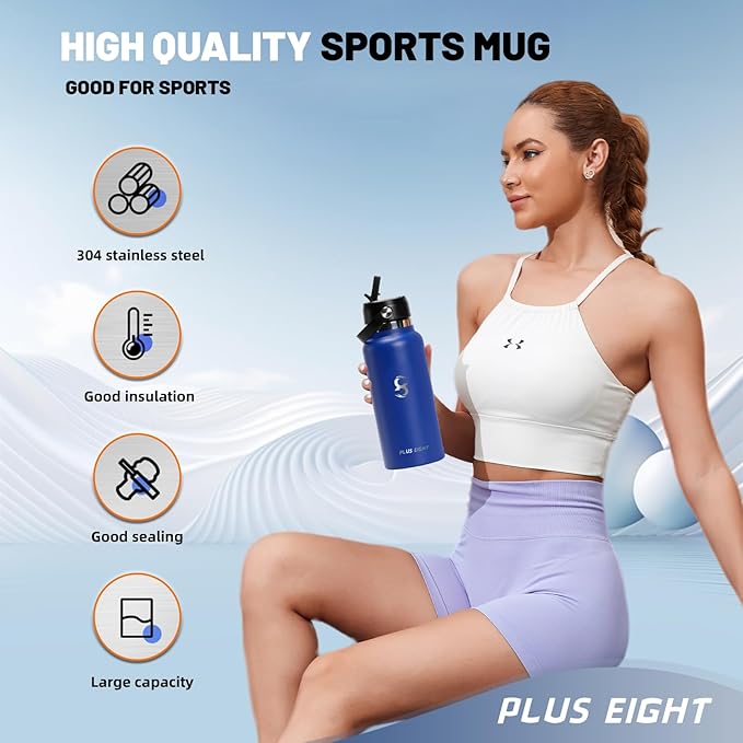 Sports Water Bottle, 32 oz Insulated Water Bottle With Straw, Stainless Steel Water Bottle Wide Mouth for Sports, Gym or Office, BPA-Free Keep Cold 24H Hot 12H (Blue)