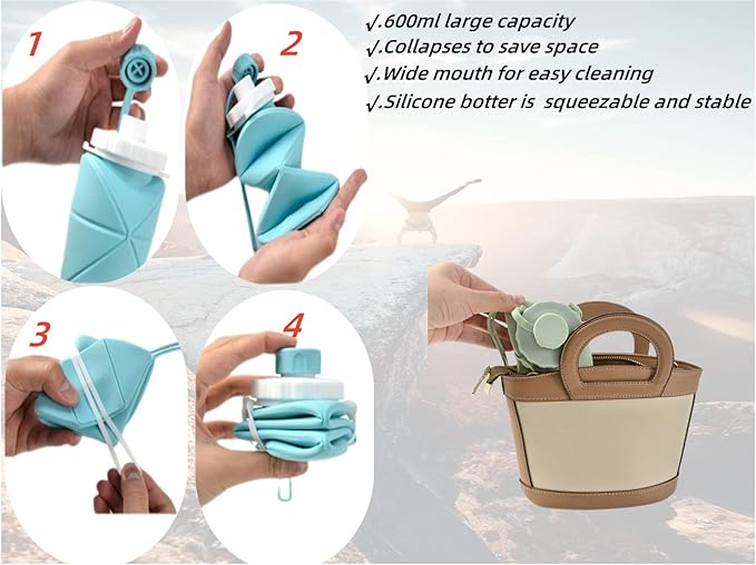 Gift for Father Day and Graduation, New Portable Silicone Collapsible Water bottle with Cooling Towel for Traveling and Outdoor Sports,600ml BPA Free Water Bottle,Summer Essentials (Grey)