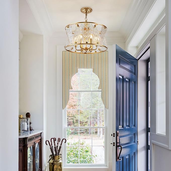 Modern Gold Round Chandelier 6 Light Drum Glass Chandelier Light Fixture18in Hammered Glass Chandelier for Dining Room Kitchen Entryway Bedroom Breakfast Nook